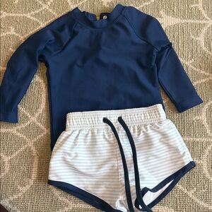 Minnow Blue Rash Guard and Striped Swim Shorts Size 1